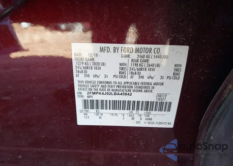 2020 Ford Edge Sel из США, поврежденный, VIN 2FMPK4J92LBA45842